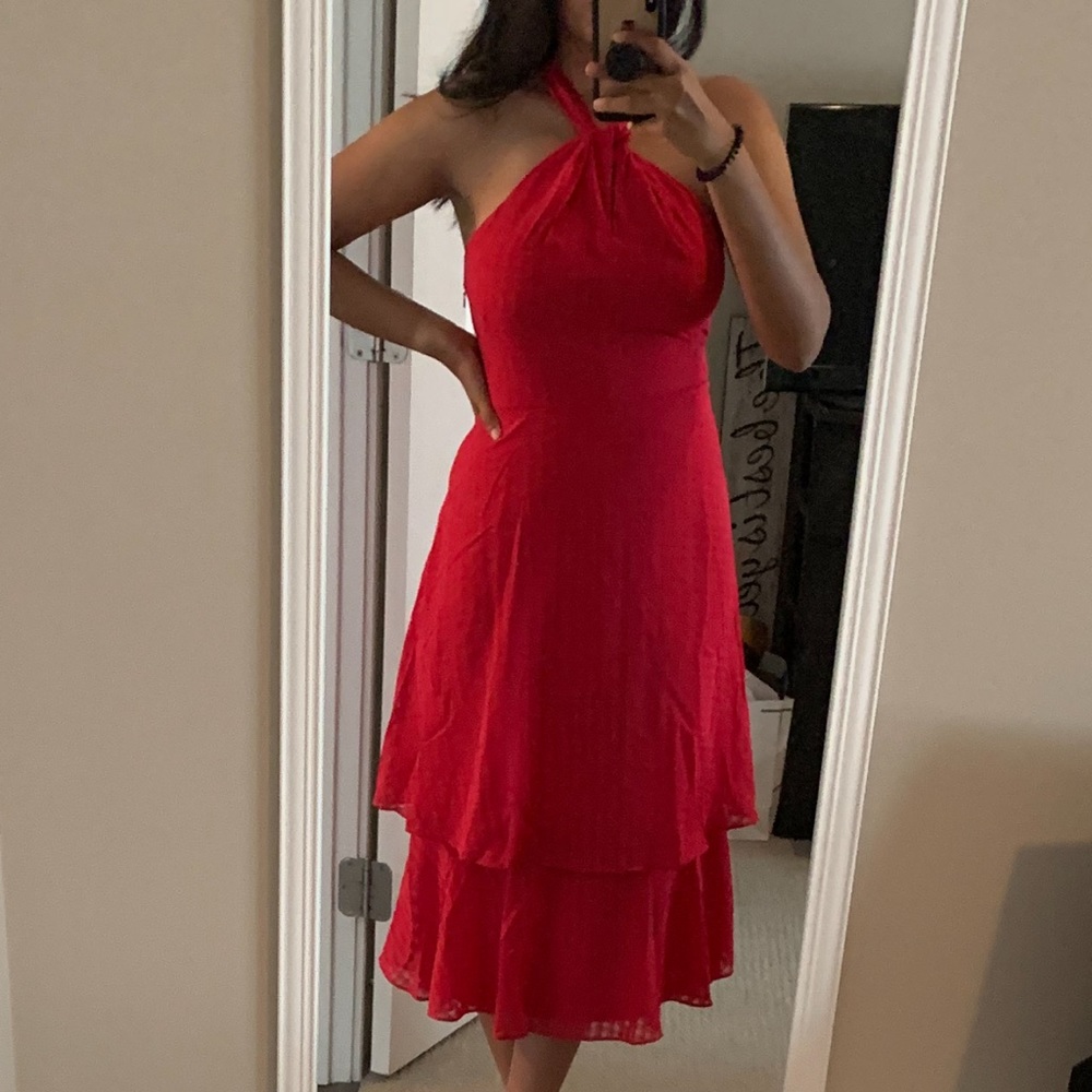 Pink subtle gingham print Ann Taylor midi tiered dress